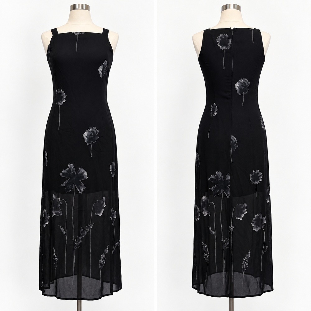 Casual Corner Vintage Black Floral Rayon Maxi Dress Sheer Sleeveless Size 4
